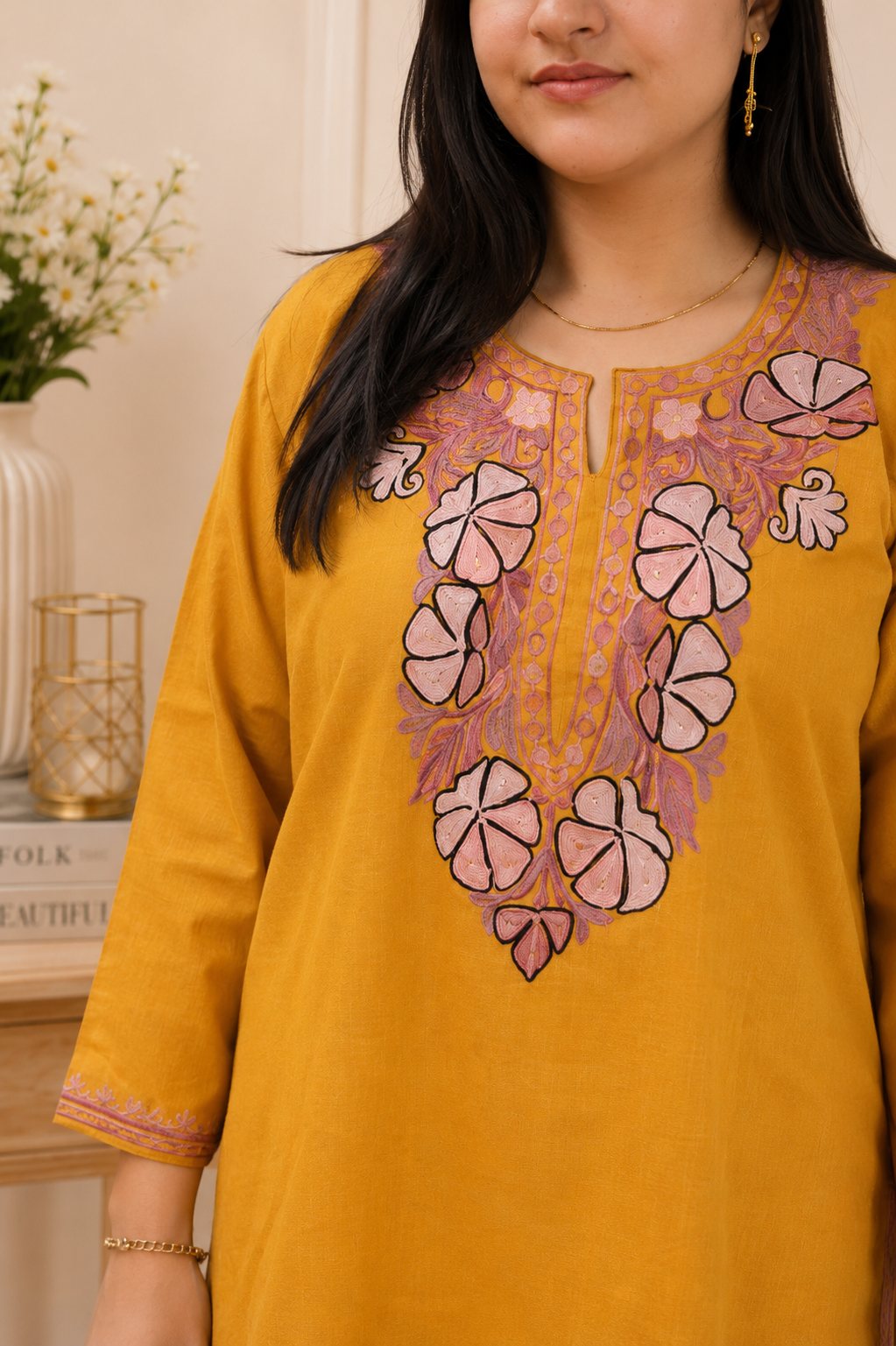 Golden Pink Aari Work Short Kurti in Ruby Cotton