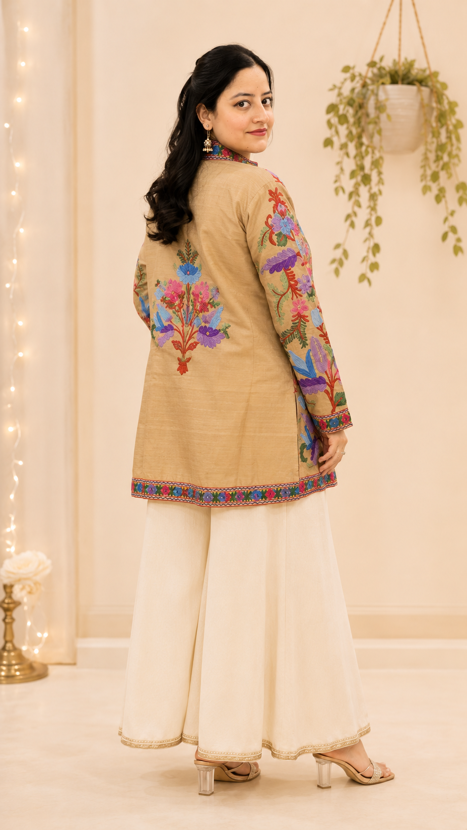 Handcrafted Aari Work Coat in Beige Silk with Floral Motifs