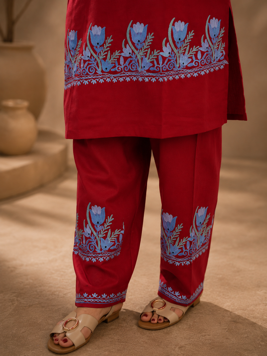 Ruby Cotton Tulip Aari Work Cord Set with Floral Motifs