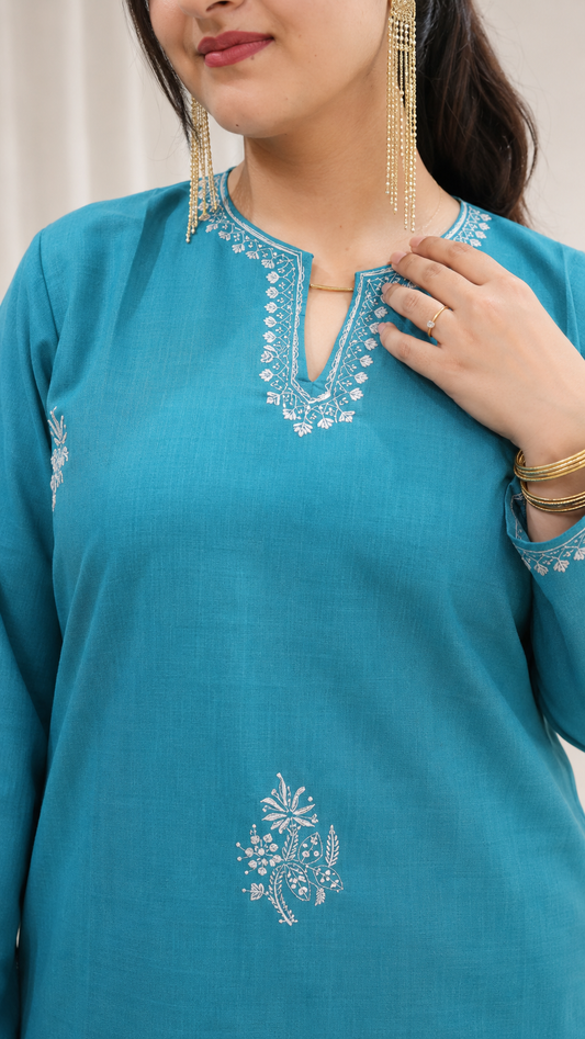 Teal Sozni Handwork Cord Set in Ruby Cotton