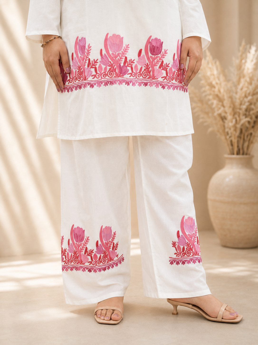 Tulip Aari Work Cord Set in Ruby Cotton