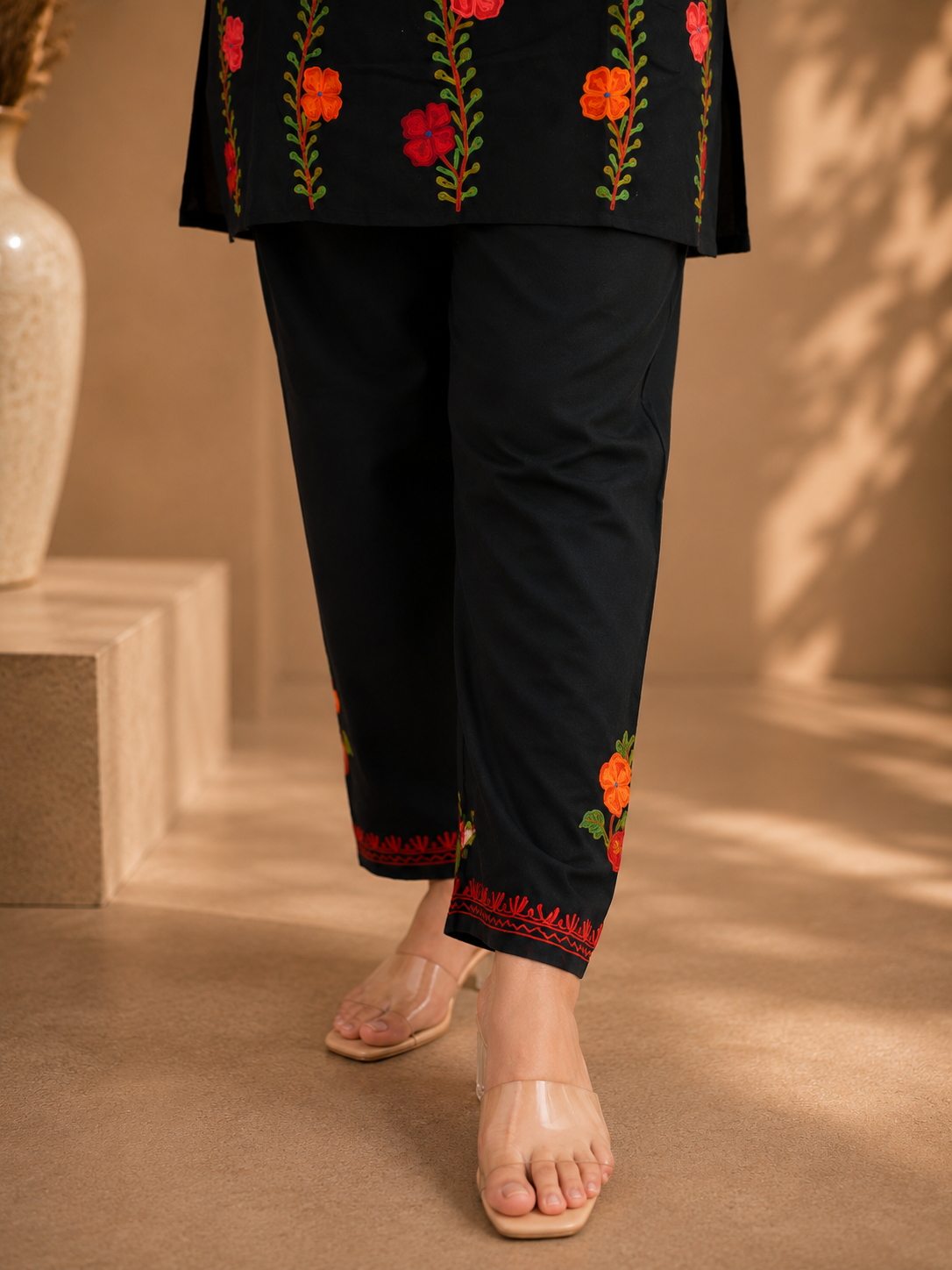 Black Ruby Cotton Thari Daman Aari Work Cord Set