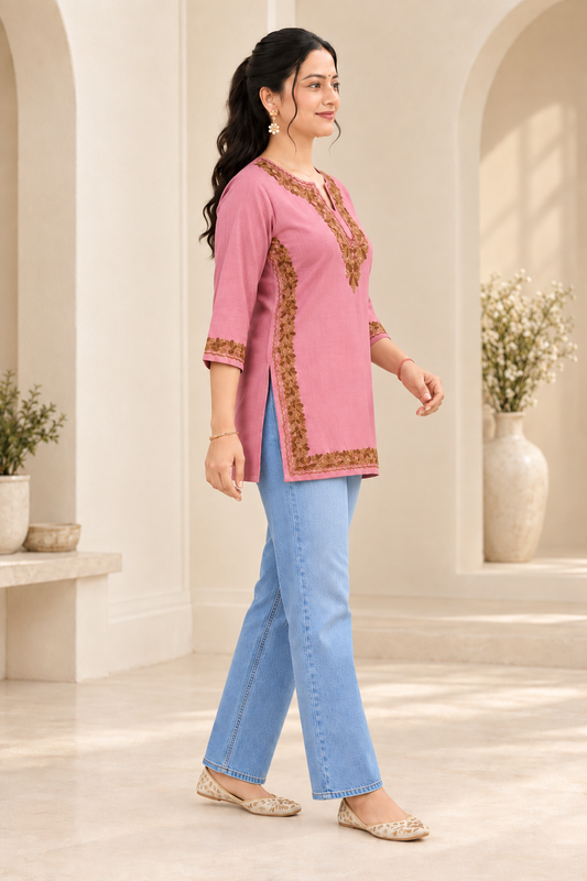 Pink Aari Work Short Kurti – Summer Tops