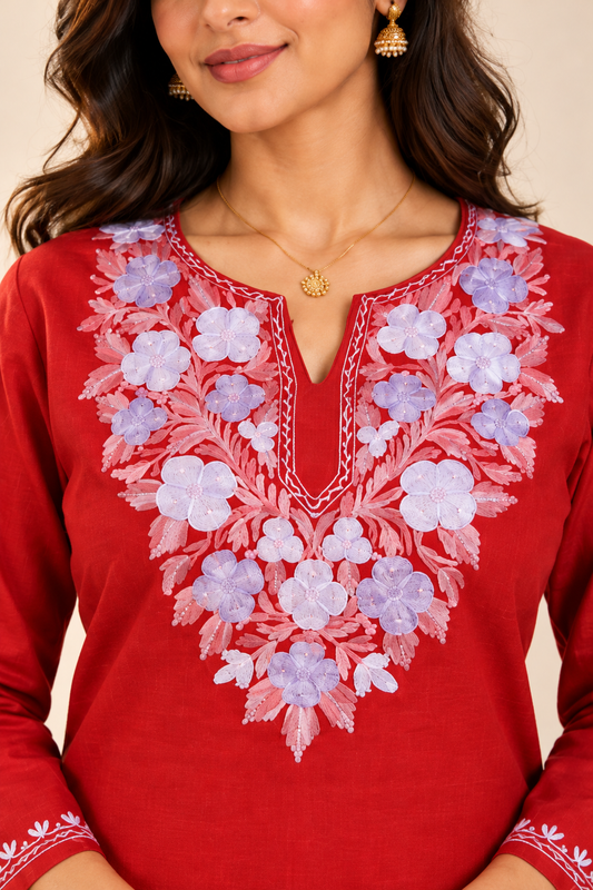 Red and purple Aari work short kurti in ruby cotton — close-up of the embroidered neckline