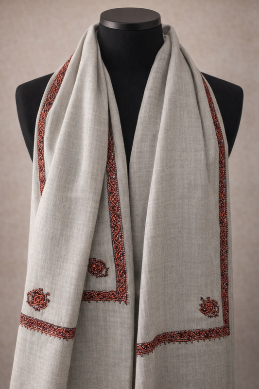 Charcoal Kashmiri embroidered stole — alternate front view