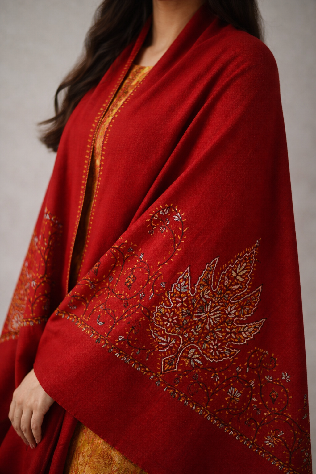 Red Kashmiri embroidered stole — back view