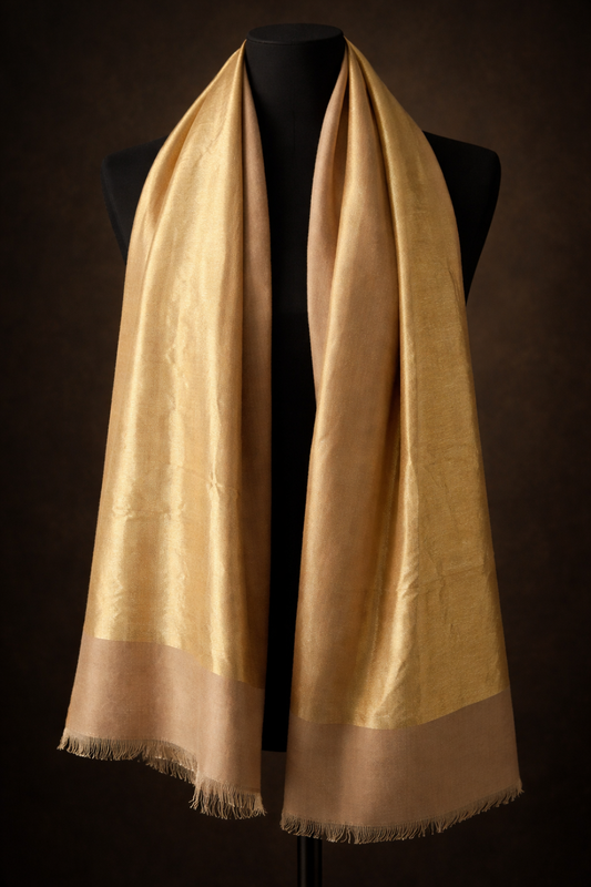 Beige zari weave pashmina stole — on a stand, second angle