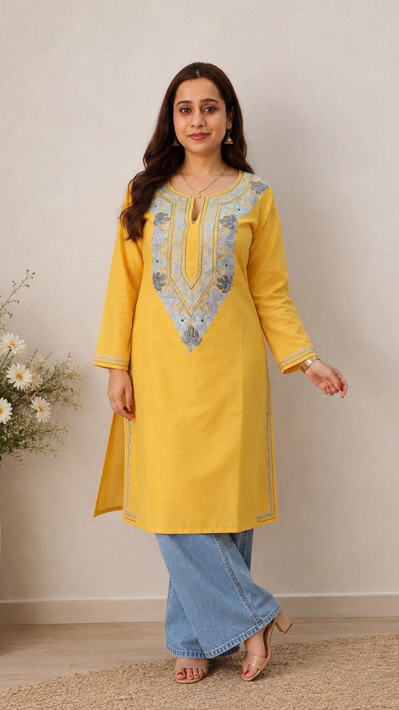 Aari Work Long Kurti in Radiant Yellow Ruby Cotton