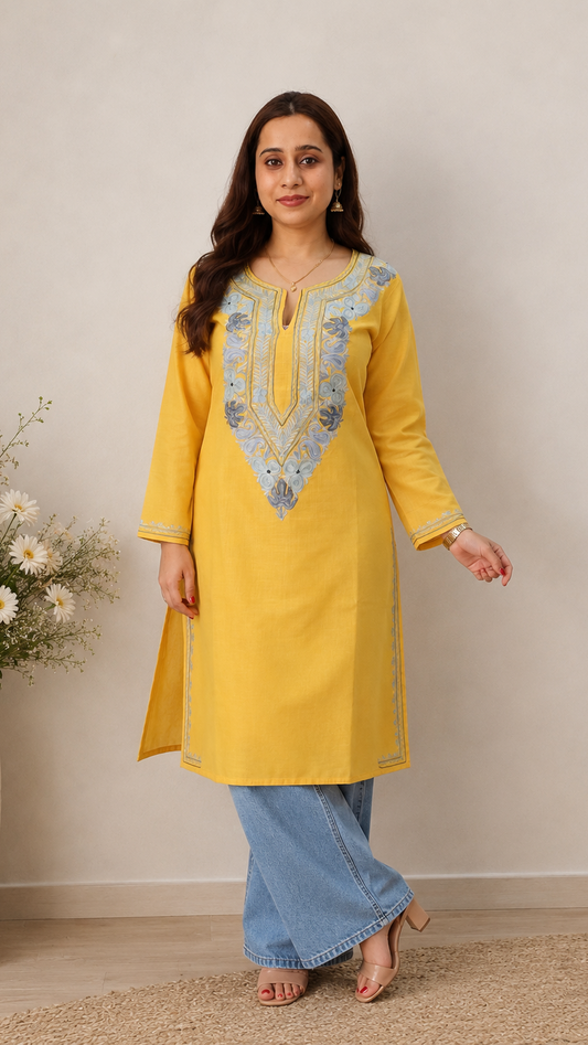 Aari Work Long Kurti in Radiant Yellow Ruby Cotton