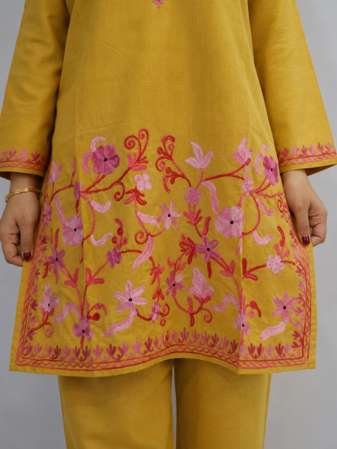 Golden Pink Jali Daman Aari Work Cord Set in Ruby Cotton