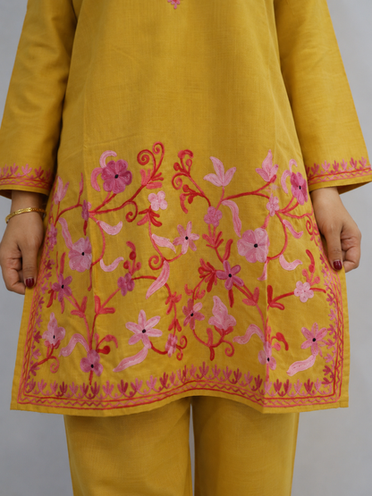 Golden Pink Jali Daman Aari Work Cord Set in Ruby Cotton