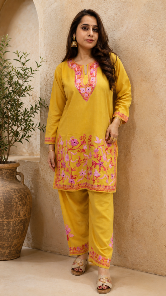 Golden Pink Jali Daman Aari Work Cord Set in Ruby Cotton