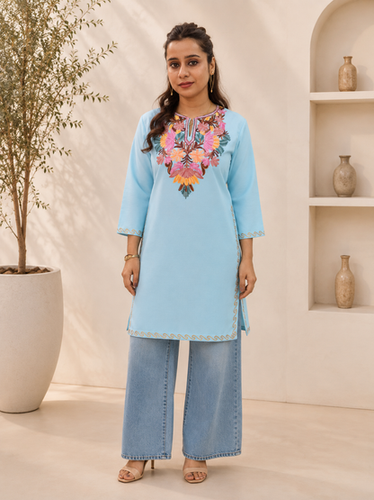 Sky Blue Aari Work Short Kurta in Ruby Cotton