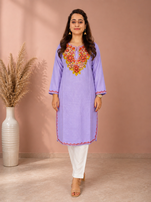 Lavender Aari Work Long Kurti in Ruby Cotton