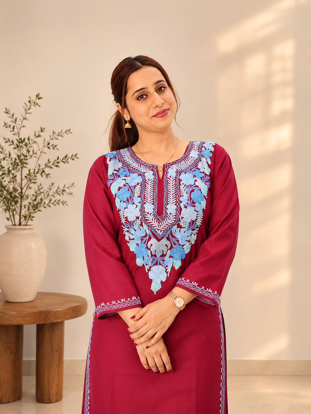 Aari Work Long Kurti in Dark Red Ruby Cotton