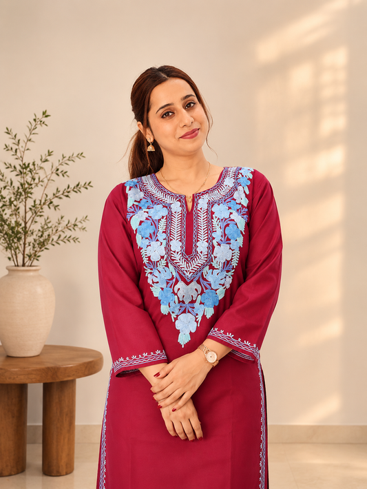 Aari Work Long Kurti in Dark Red Ruby Cotton
