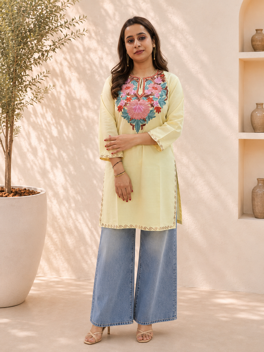 Aari Work Short Kurta in Light Yellow Ruby Cotton