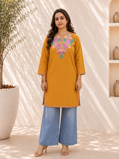 Aari Work Short Kurta in Ruby Cotton with Floral Embroidery