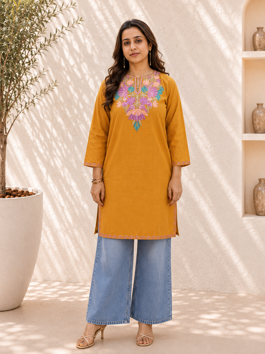 Aari Work Short Kurta in Ruby Cotton with Floral Embroidery