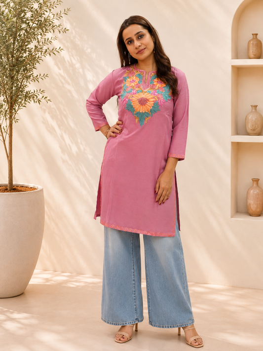 Aari Work Short Kurta in Dark Pink Orange Ruby Cotton