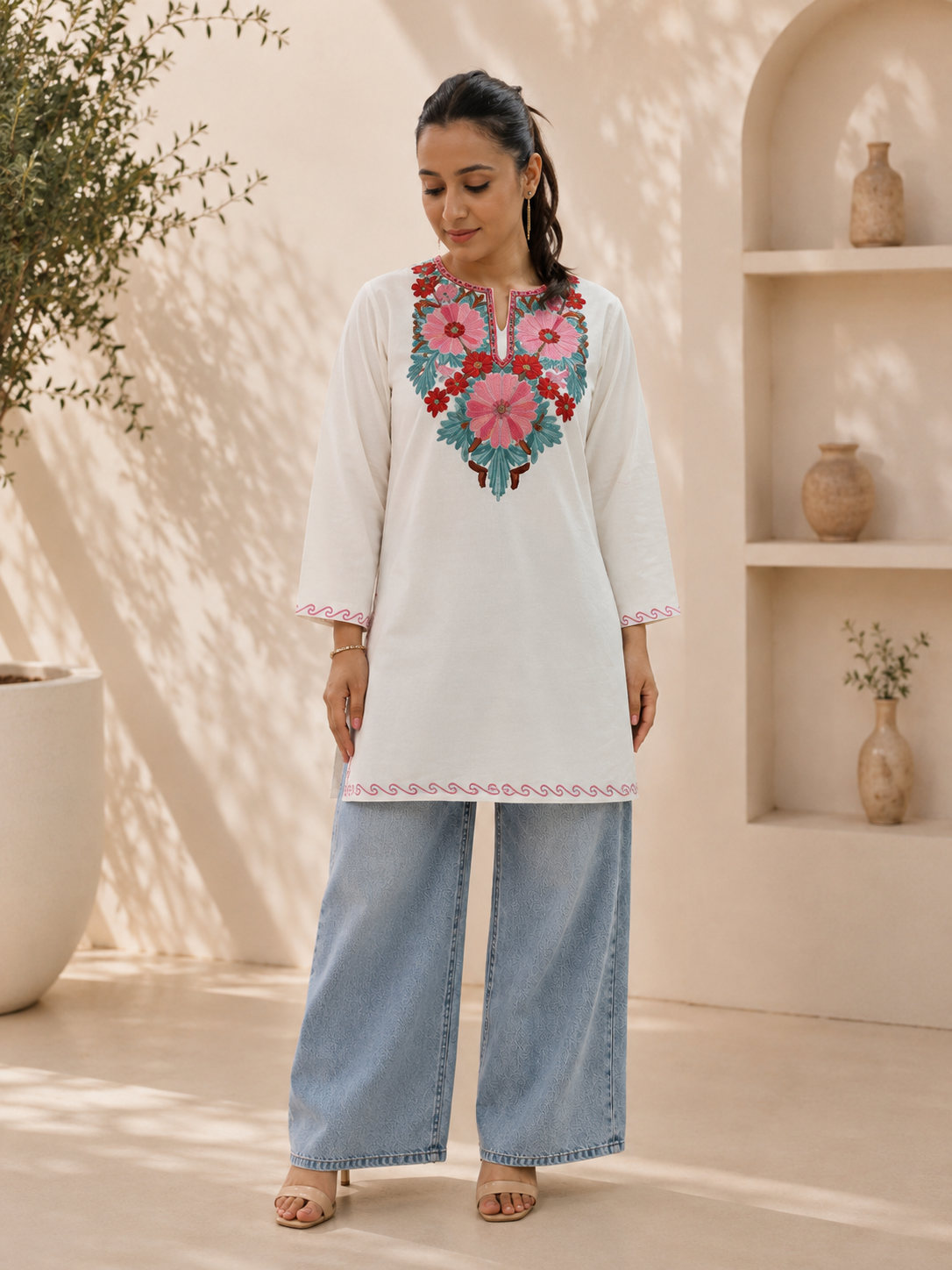 Aari Work Short Kurta in White Ruby Cotton