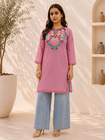 Dark Pink Aari Work Short Kurta in Ruby Cotton