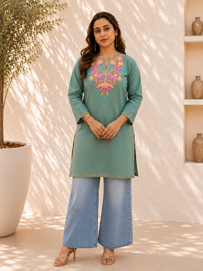 Handcrafted Aari Work Short Kurta in Sea Green Cotton