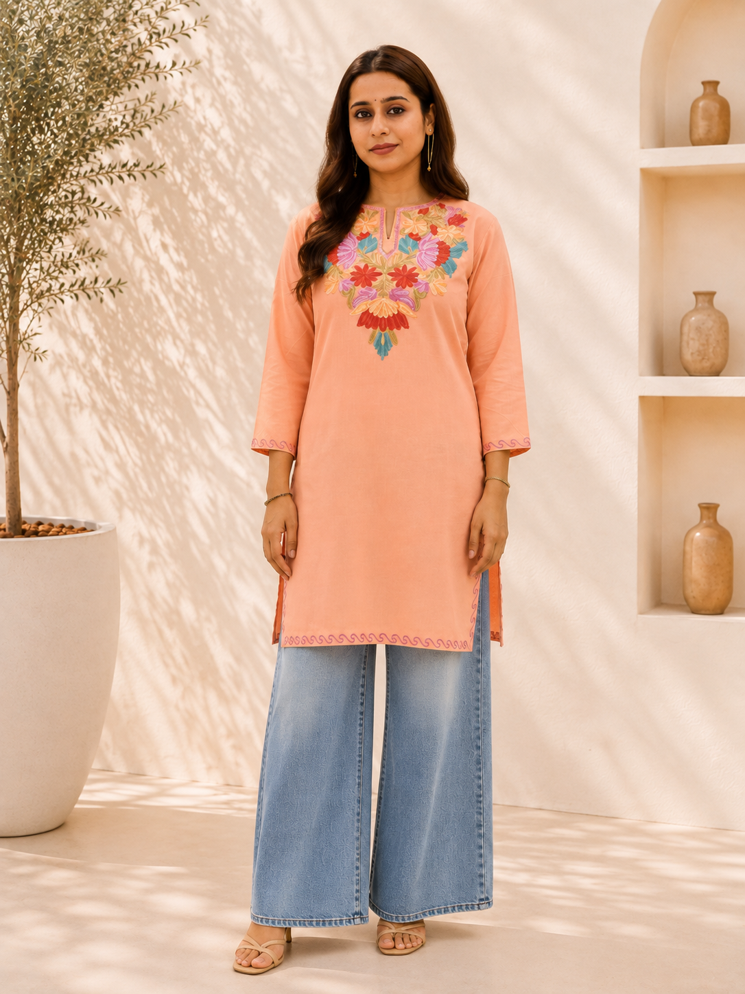 Aari Work Short Kurta in Peach Ruby Cotton