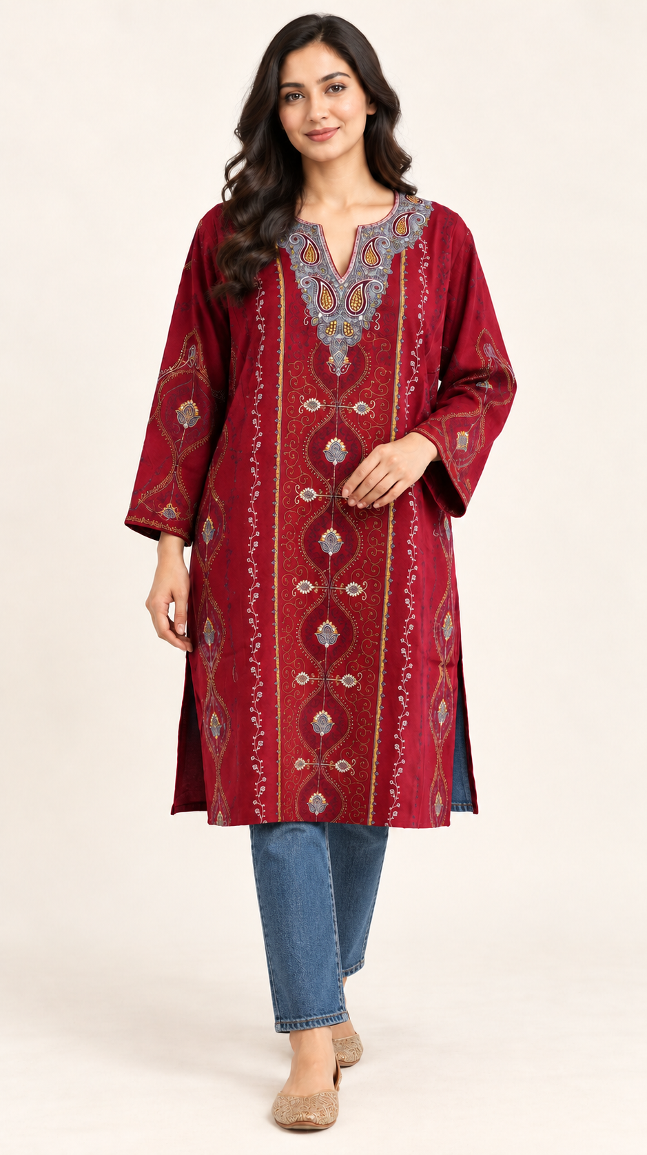 Maroon Sozni Work Pheran – Koshur Winter