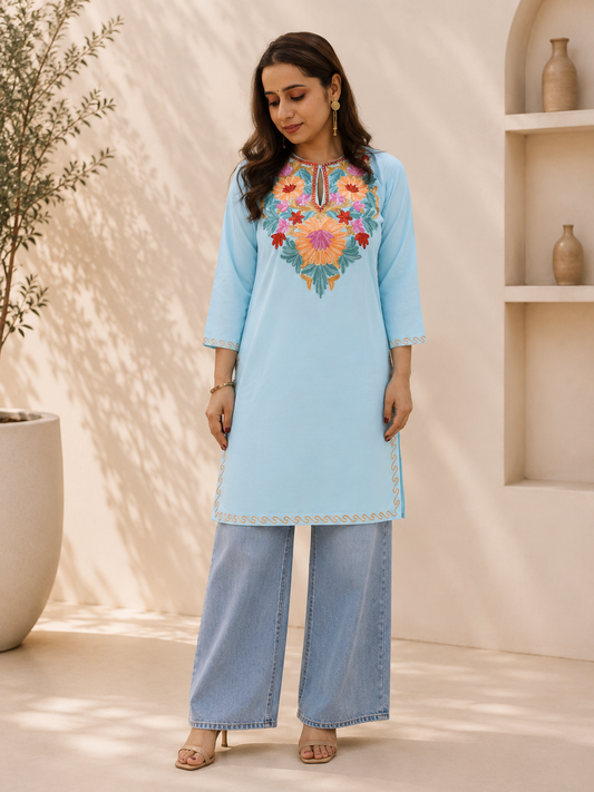 Aari Work Short Kurta in Handcrafted Sea Blue Cotton
