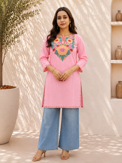 Aari Work Short Kurta in Pink Green Ruby Cotton