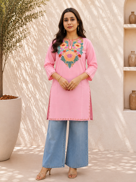 Aari Work Short Kurta in Pink Green Ruby Cotton