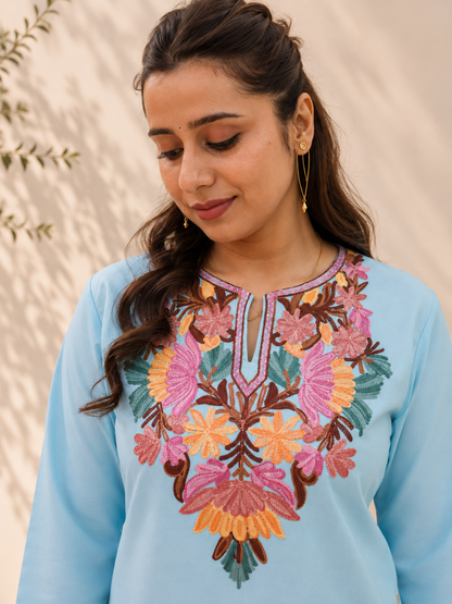 Sky Blue Aari Work Short Kurta in Ruby Cotton