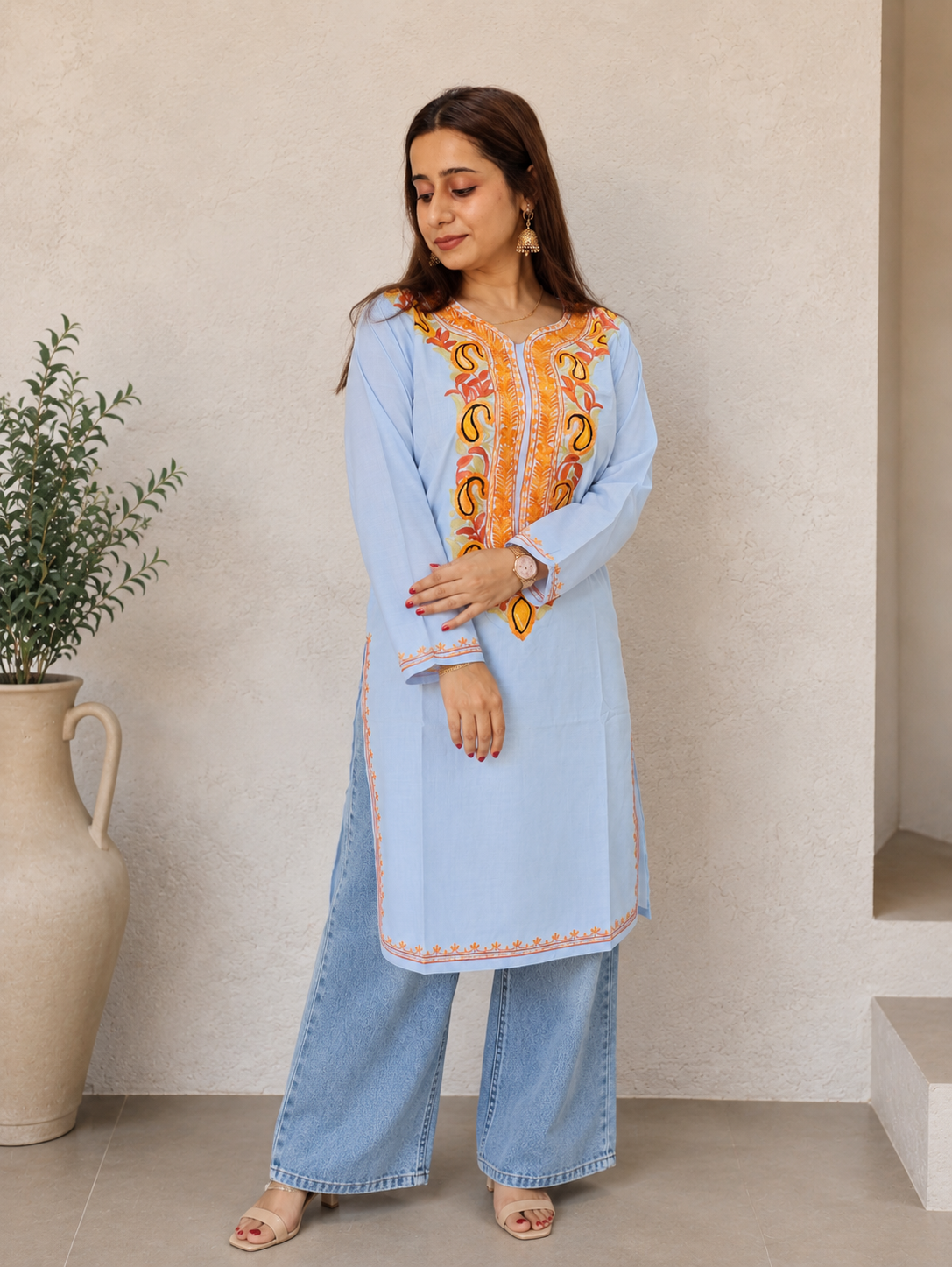 Light Blue Ruby Cotton Kurti with Aari Work Embroidery