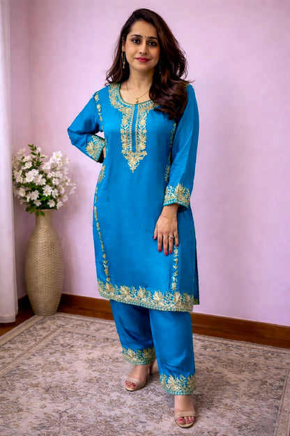Silk Teal Blue Kashmiri Silk Tilla Work Cord Set