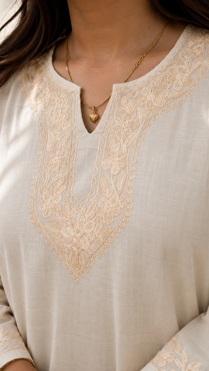Intricate Aari Work Short Kurti in Beige Ruby Cotton