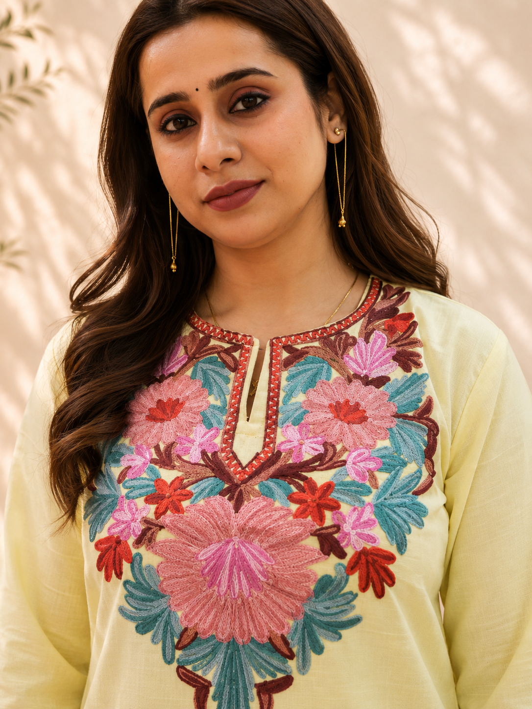 Aari Work Short Kurta in Light Yellow Ruby Cotton
