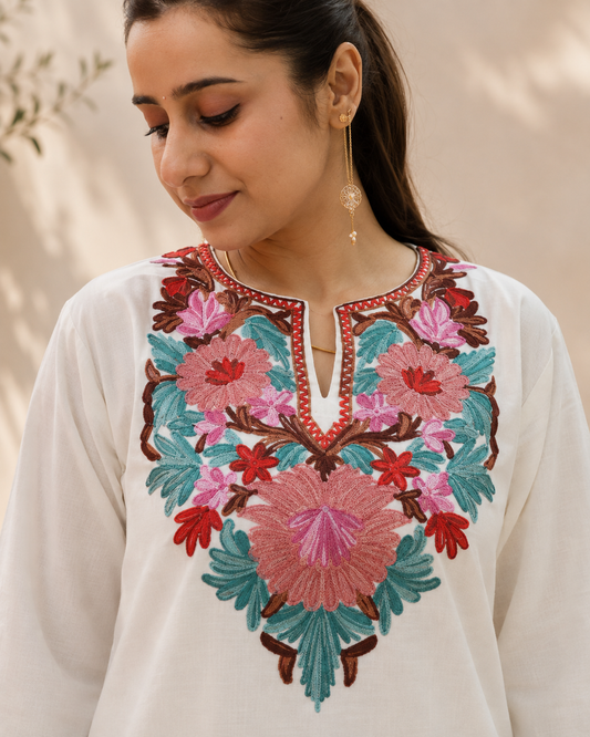 Aari Work Short Kurta in White Ruby Cotton
