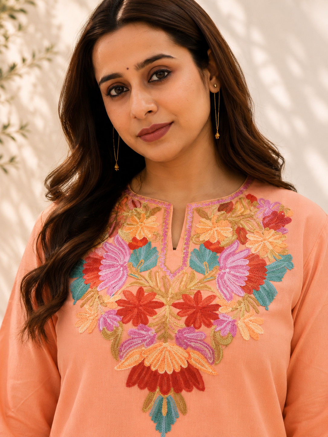 Aari Work Short Kurta in Peach Ruby Cotton