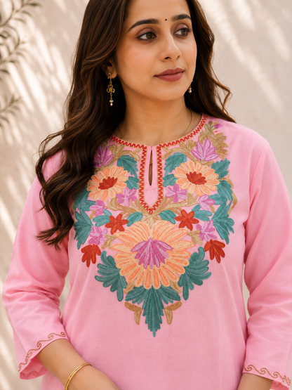 Aari Work Short Kurta in Pink Green Ruby Cotton