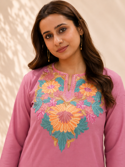 Aari Work Short Kurta in Dark Pink Orange Ruby Cotton