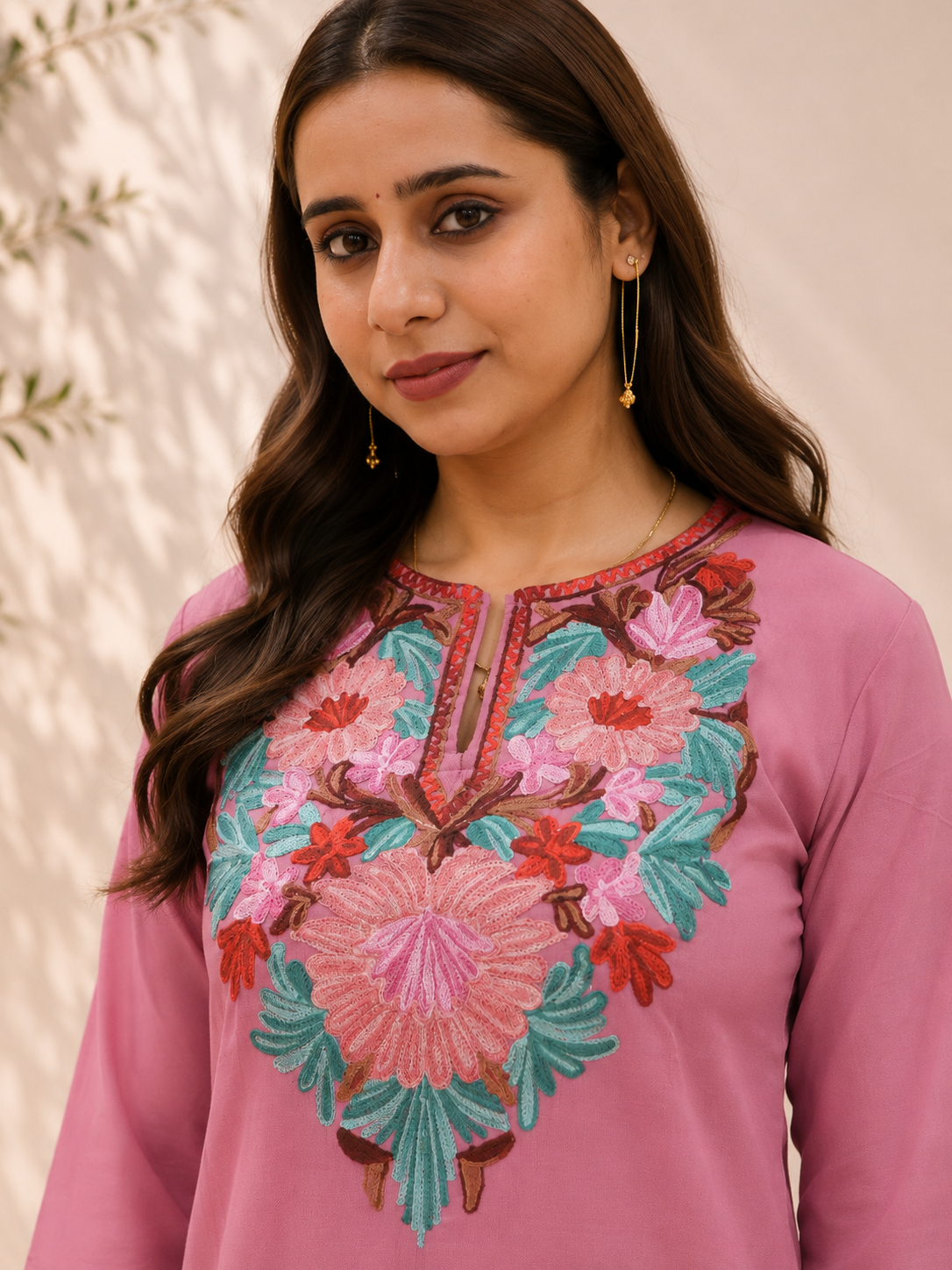 Dark Pink Aari Work Short Kurta in Ruby Cotton