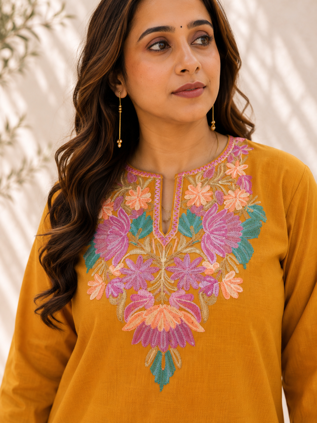 Aari Work Short Kurta in Ruby Cotton with Floral Embroidery