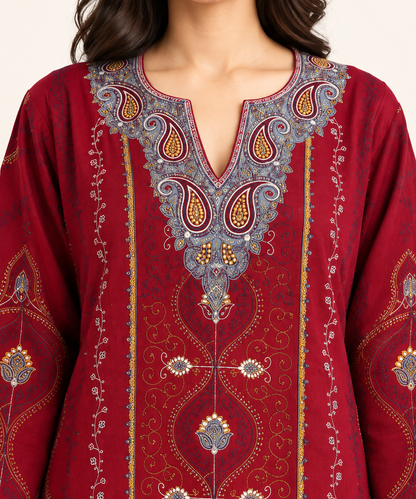 Maroon Sozni Work Pheran – Koshur Winter
