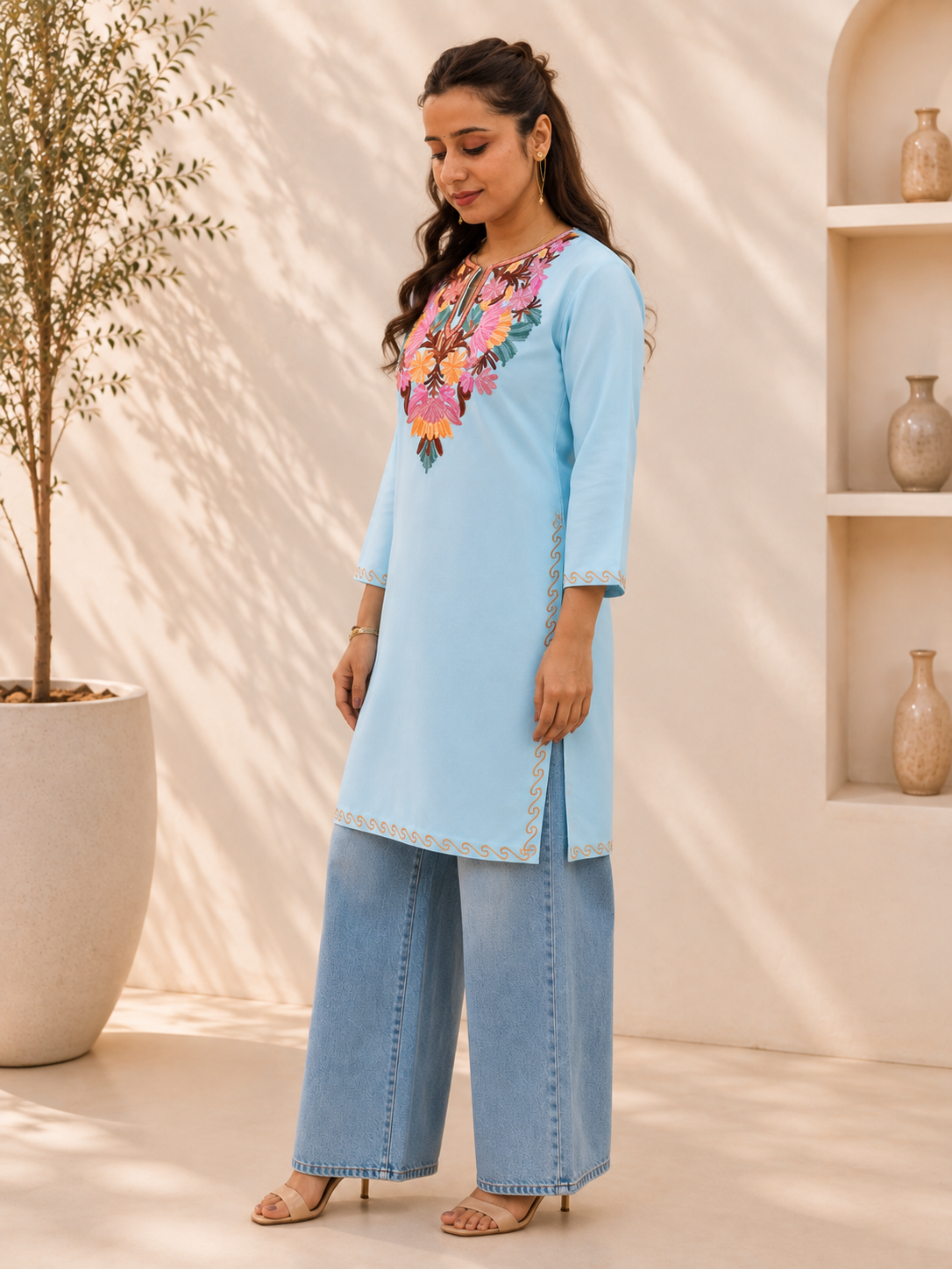 Sky Blue Aari Work Short Kurta in Ruby Cotton
