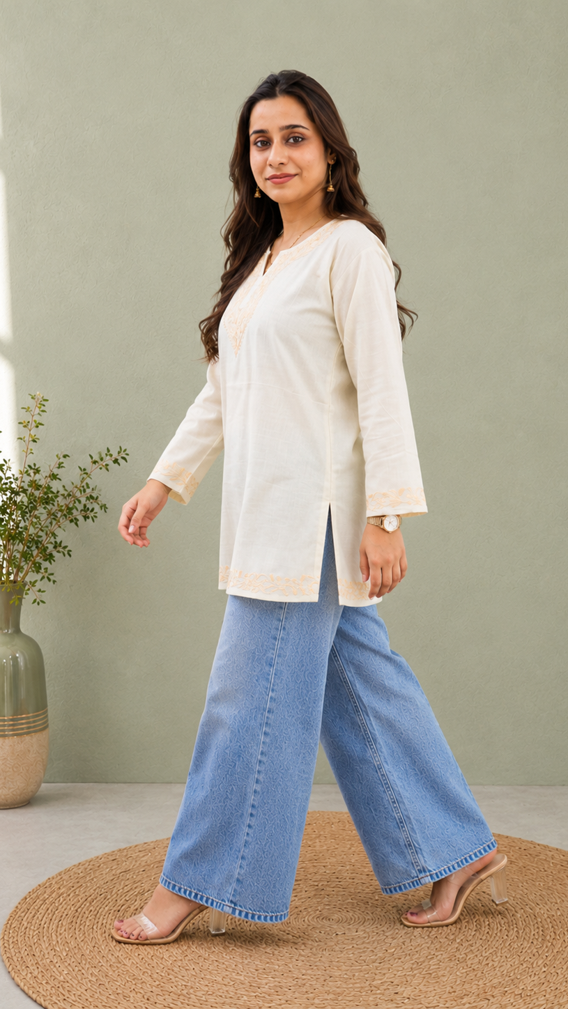 Intricate Aari Work Short Kurti in Beige Ruby Cotton