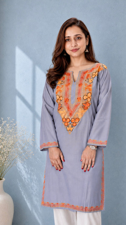 Aari Work Long Kurti in Grey and Orange Floral Motifs