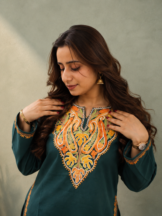 Aari Work Short Kurti in Dark Green Ruby Cotton