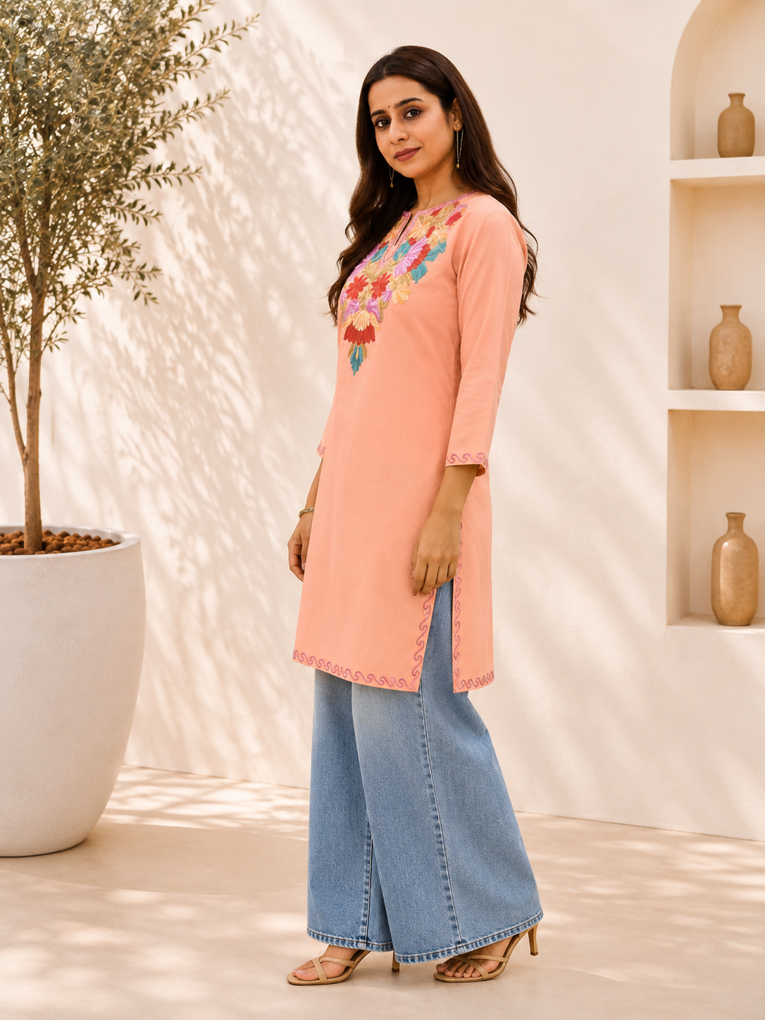 Aari Work Short Kurta in Peach Ruby Cotton