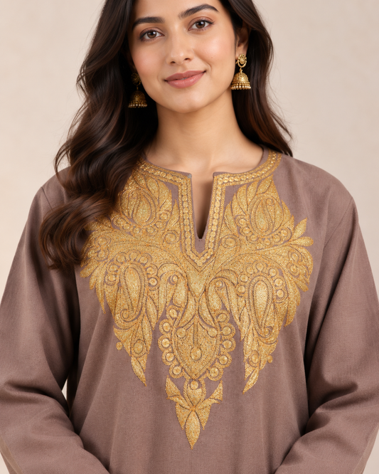 Walnut Brown Tilla Embroidered Phiran